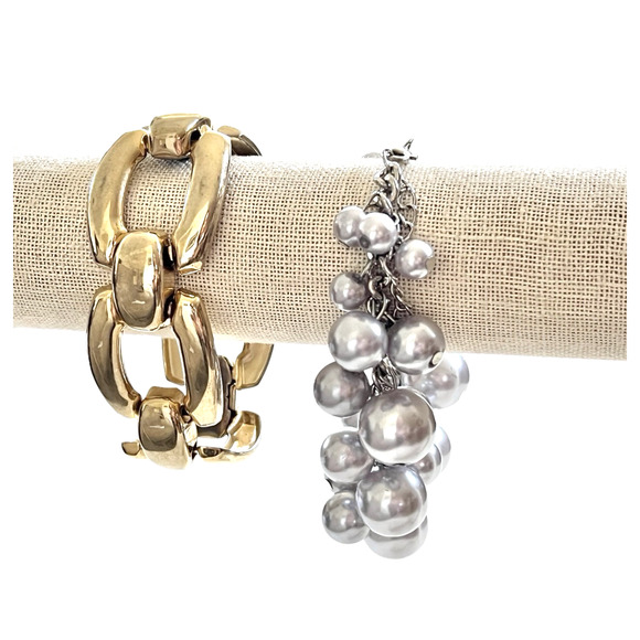 Bracelets Lot 2 Cha Cha Silver Tone Dangle Bead Gold Tone Chunky Shiny Oval Link - Picture 2 of 5